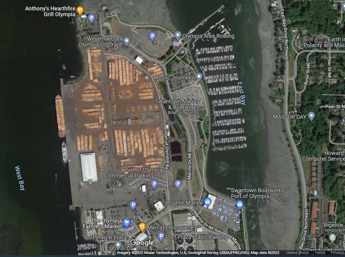 The Weyerhaueser Olympia Log Yard comprises a large part of the Port of Olympia's Marine Terminal, as shown above.